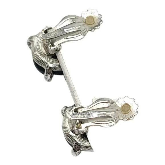 Large Black Oval Faceted Glass Rhinestone Silver Tone Clip On Earrings Vintage - Picture 4 of 6